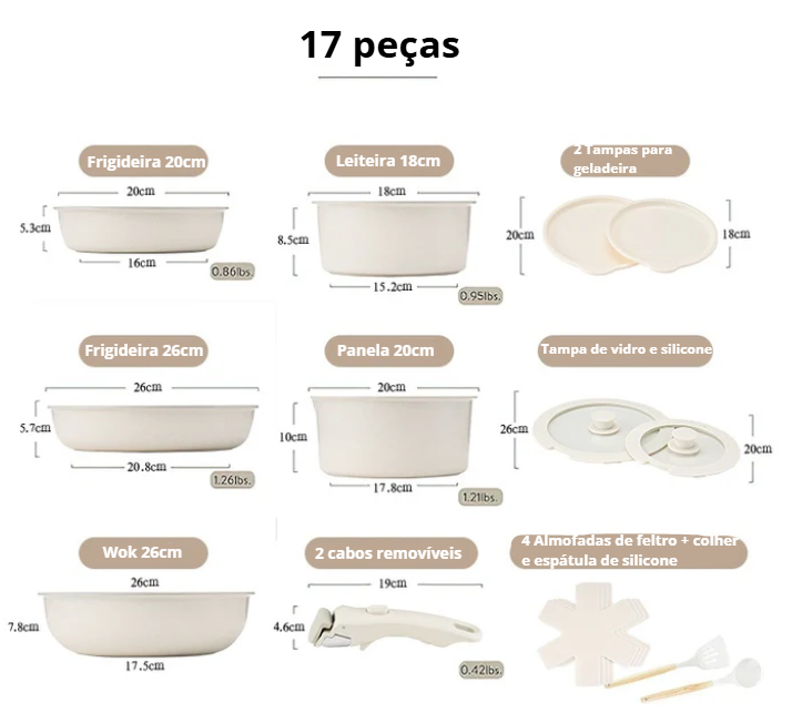 Kit 5 panelas c/ pegador removível