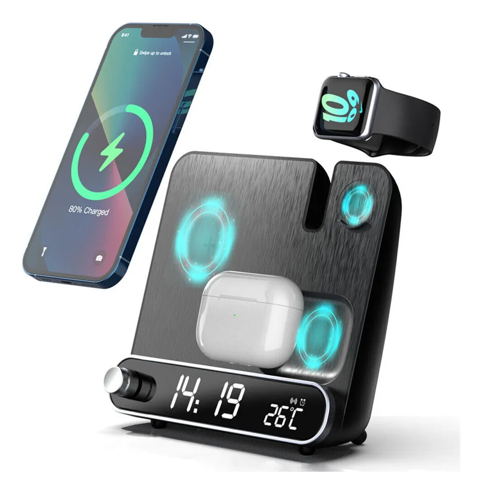 Carregador Sem Fio 3 em 1 com Relógio Digital