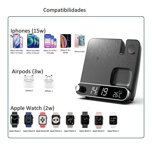 Carregador Sem Fio 3 em 1 com Relógio Digital