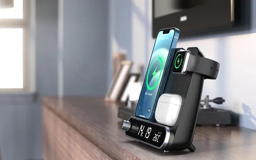 Carregador Sem Fio 3 em 1 com Relógio Digital