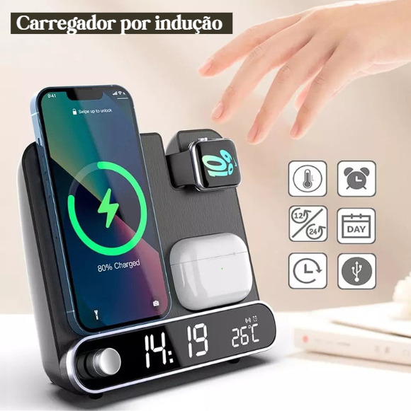 Carregador Sem Fio 3 em 1 com Relógio Digital
